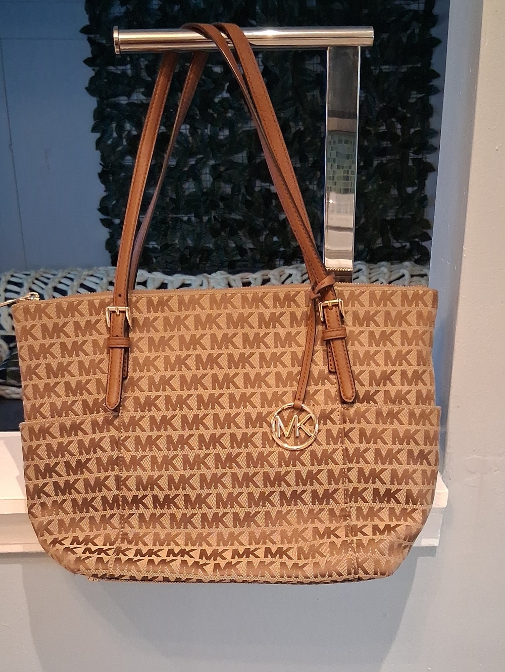 Michael Kors Tan Logo MK Tote Bag with Gold Charm